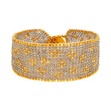 Brazalete Telar Dorado Medio Miniflor Gris Traslucido